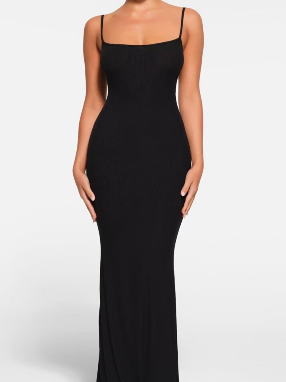 SKIMS "petite long slip dress" in black (XS petite).